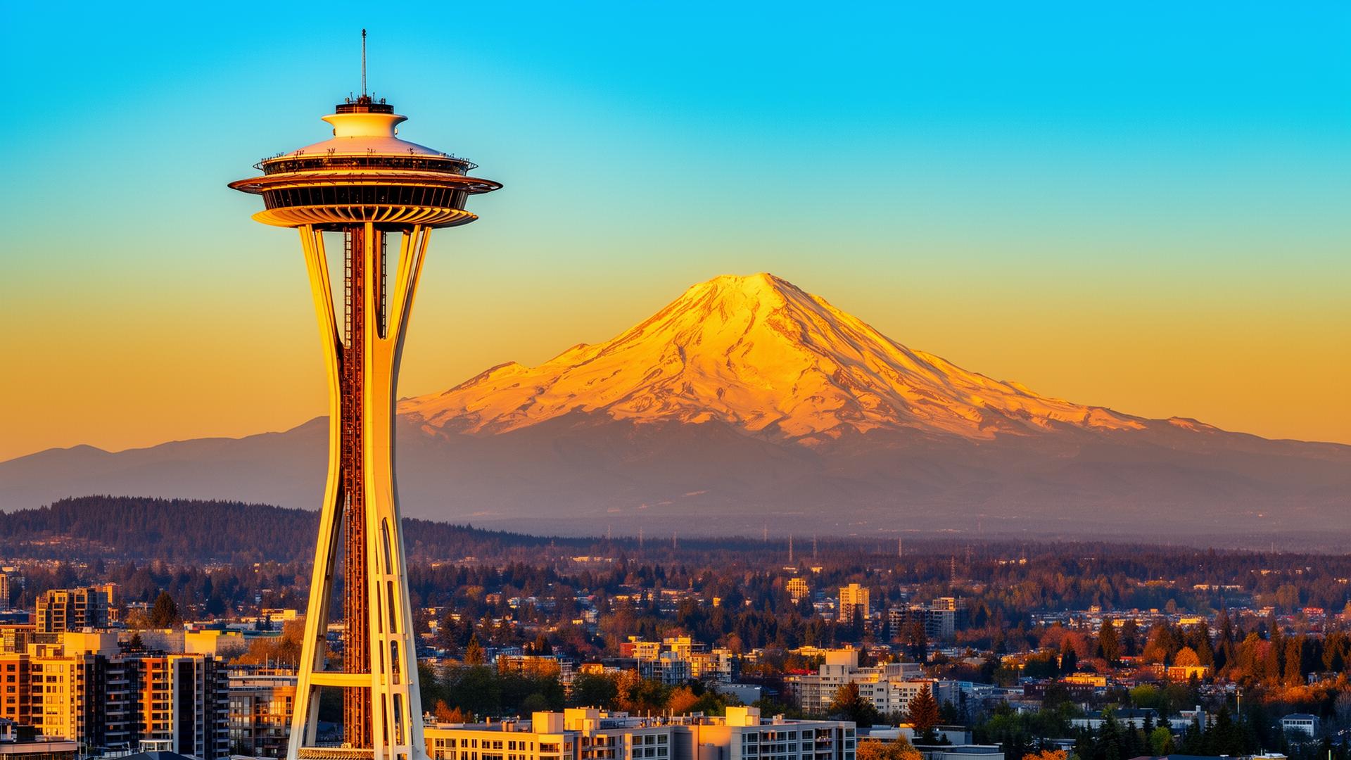 Space Needle with Mount Rainier at golden hour